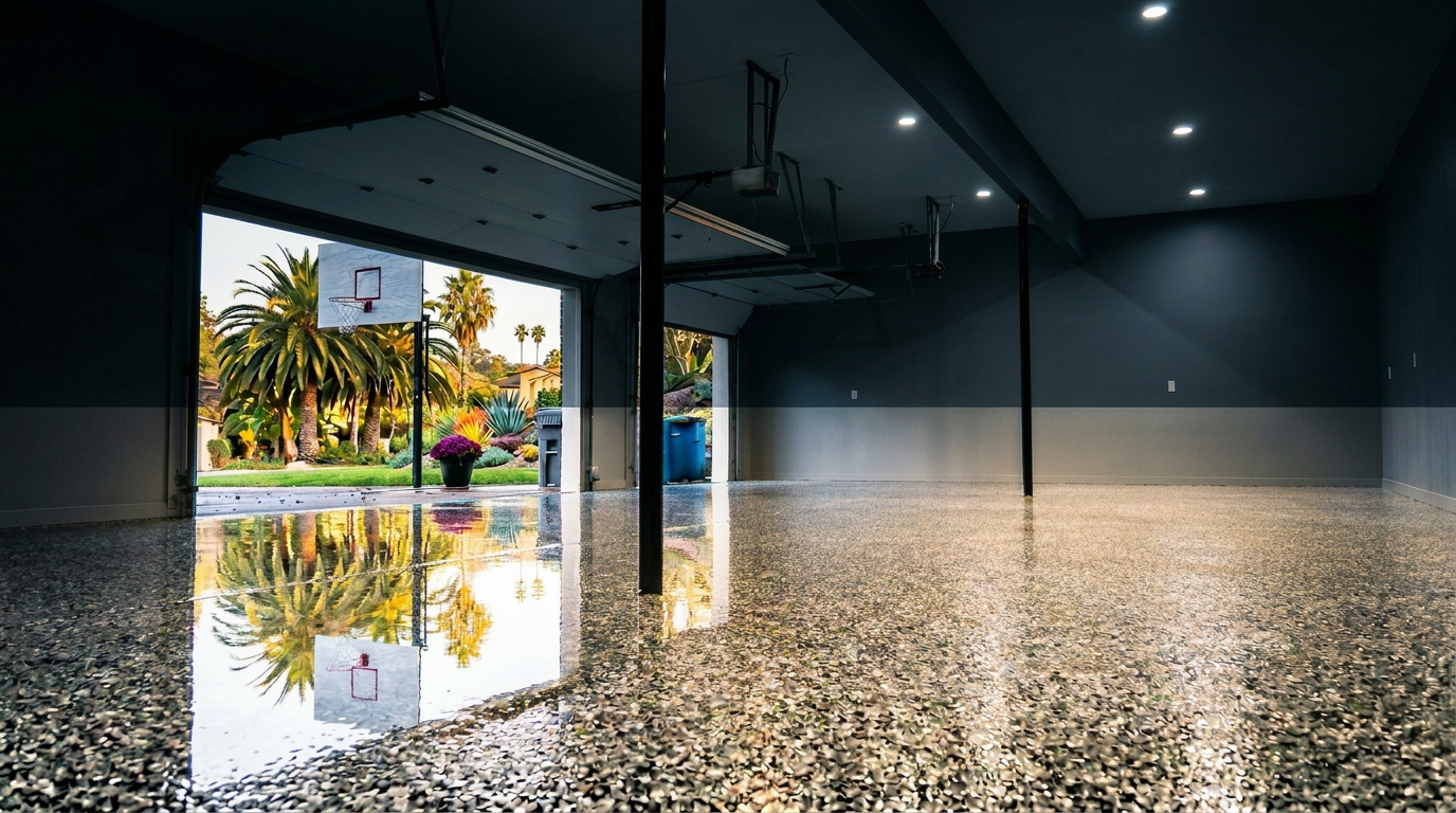 Luxury Southern California garage finished in metallic epoxy with matte black sports car at twilight